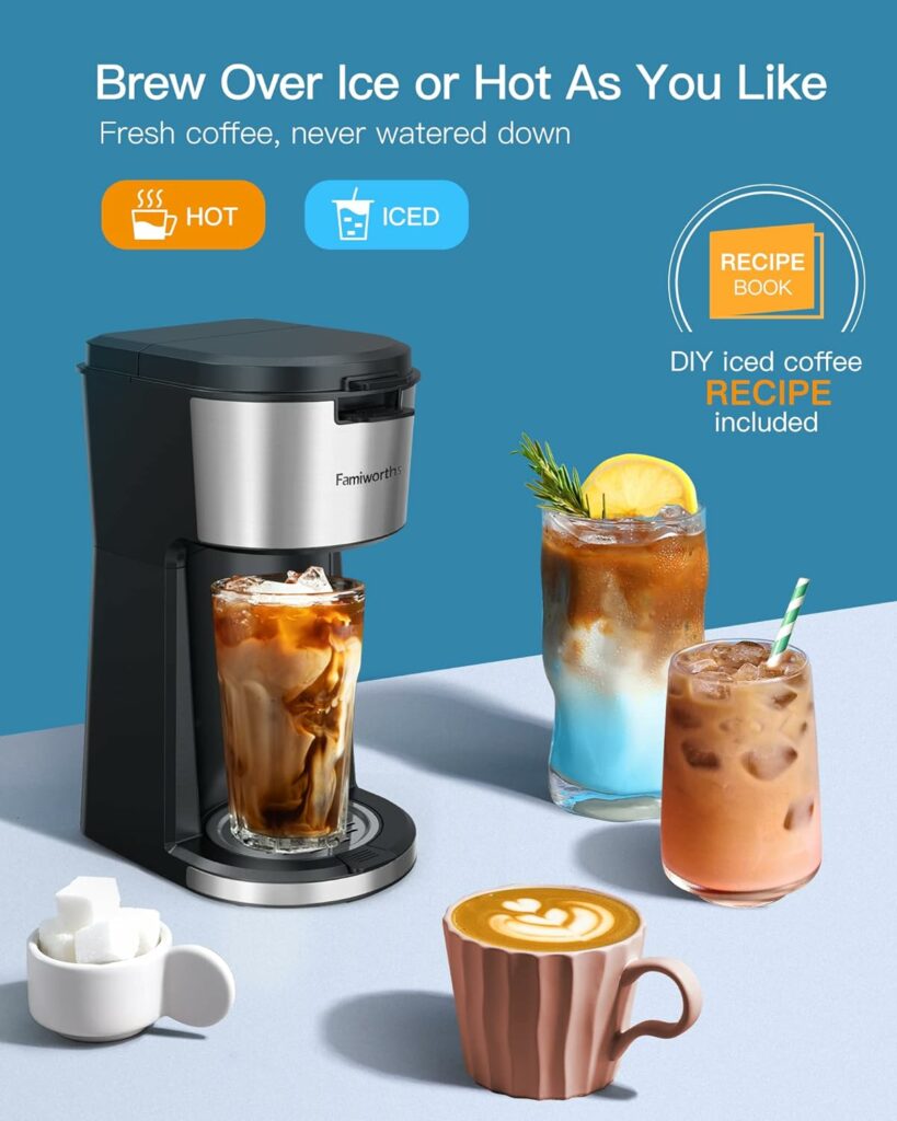 Famiworths Iced Coffee Maker, Hot and Cold Coffee Maker Single Serve for K Cup and Ground, with Descaling Reminder and Self Cleaning, Iced Coffee Machine for Home, Office and RV