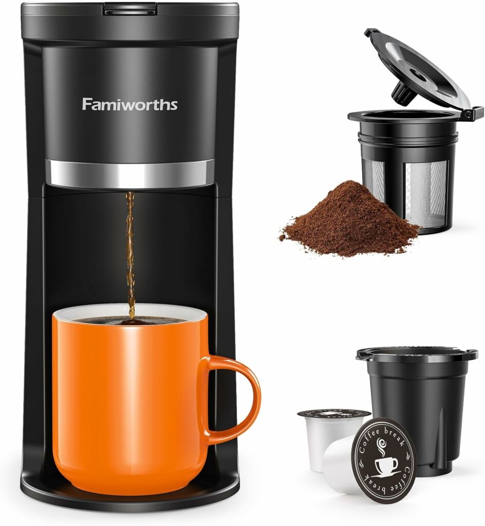 Famiworths Mini Coffee Maker Single Serve, Instant Coffee Maker One Cup for K Cup  Ground Coffee, 6 to 12 Oz Brew Sizes, Capsule Coffee Machine with Water Window and Descaling Reminder, Black