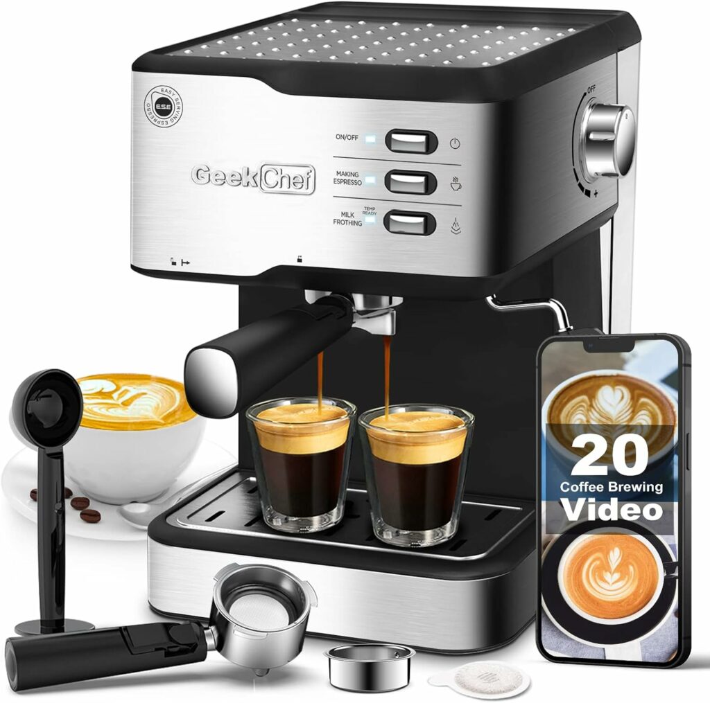 Geek Chef Espresso Machine 20 Bar, Cappuccino latte Maker Coffee Machine with ESE POD capsules filterMilk Frother Steam Wand, 1.5L Water Tank, for Home Barista, Stainless steel 950W, Grey