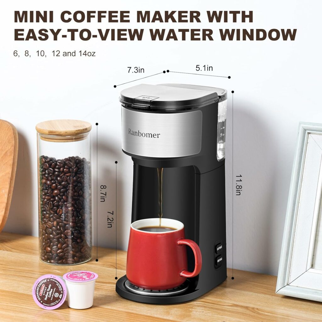 Ranbomer Single Serve Coffee Maker, K Cup and Ground Coffee Machine 2 in 1, 6 to 14 Oz Brew Sizes, Mini One Cup Coffee Maker with Self cleaning Function, Fits Travel Mug, Black