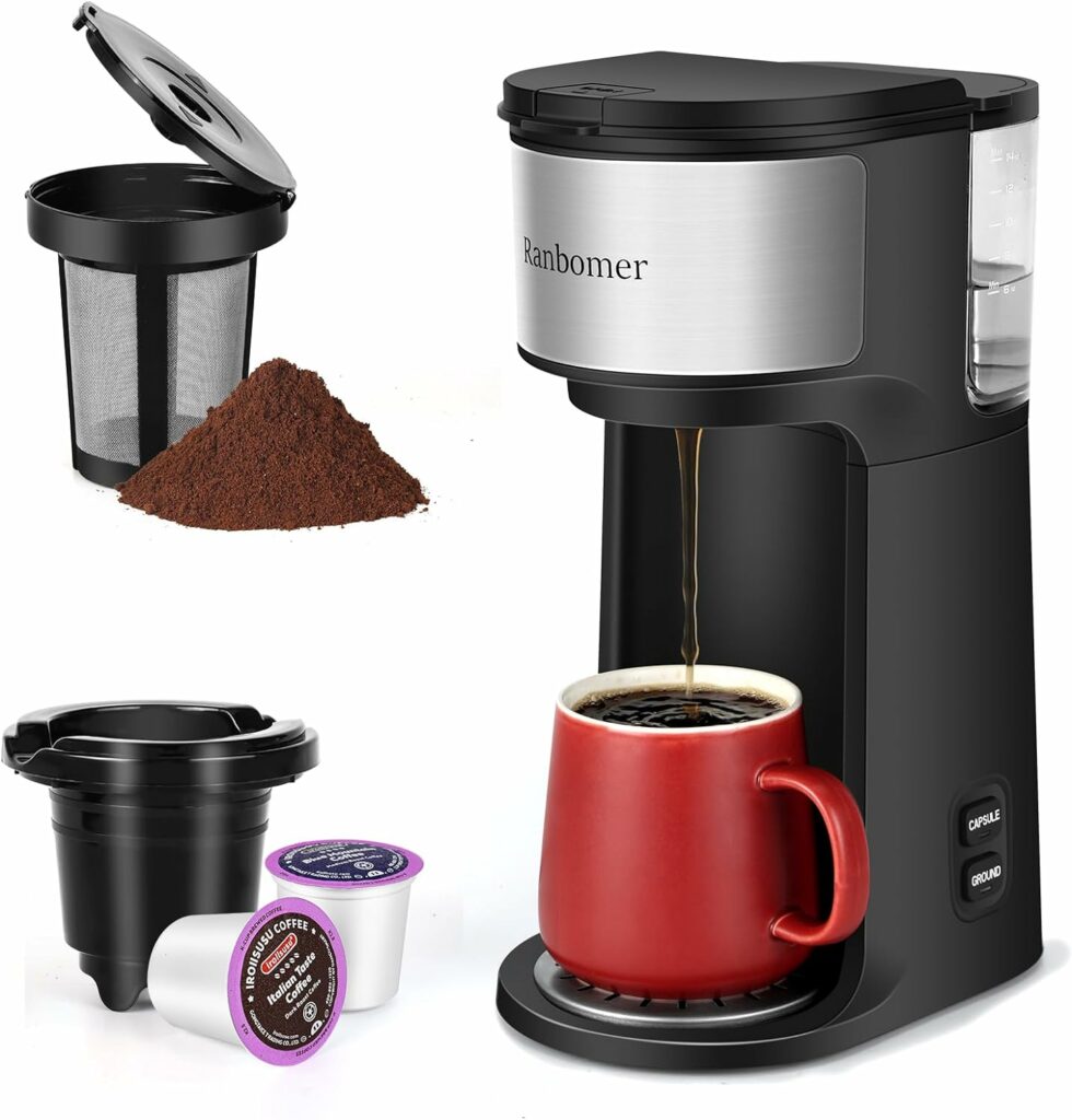 Ranbomer Single Serve Coffee Maker, K Cup and Ground Coffee Machine 2 in 1, 6 to 14 Oz Brew Sizes, Mini One Cup Coffee Maker with Self cleaning Function, Fits Travel Mug, Black